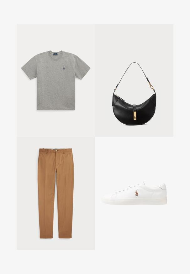 Šedé bavlněné tričko s kulatým výstřihem, krátkými rukávy a malým modrým vyšívaným logem koně na levé části hrudi.; Hnědé bavlněné kalhoty s úzkým střihem, plochým předním dílem a standardními kapsami; hladký povrch a lemované manžety.; Bílé kožené tenisky, nízký střih, s hladkým povrchem, kulatou špičkou, šněrováním v přední části a malým vyšitým logem na boku.; Černá kožená kabelka ve tvaru půlměsíce. Obsahuje zlaté kovové detaily a úzký popruh. Hladký povrch, zapínání na zip na vrchu.