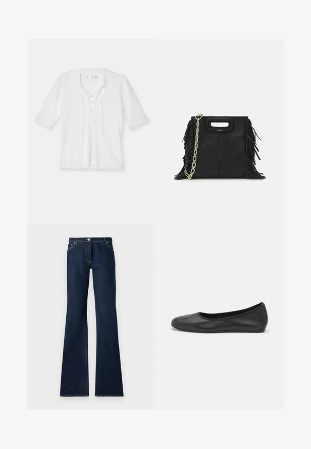 FRAME LACE UP - Paprasti marškinėliai - off white; Tamsiai mėlynos plačios džinsinės kelnės, pagamintos iš denimo, su penkių kišenių dizainu, diržo kilpomis ir kontrastingais geltonais siūlais per siūles.; Juodai odiniai baletai su apvaliu pirštu, lygi texture, minimalus siuvimo detales ir lanksčiu padų dizainu.; Juodas odinis rankų darbo rankinys su frinzuotomis detalėmis, auksine grandinės petneša ir išpjauto dizaino rankena. Pirmoje pusėje yra logotipo vieta.