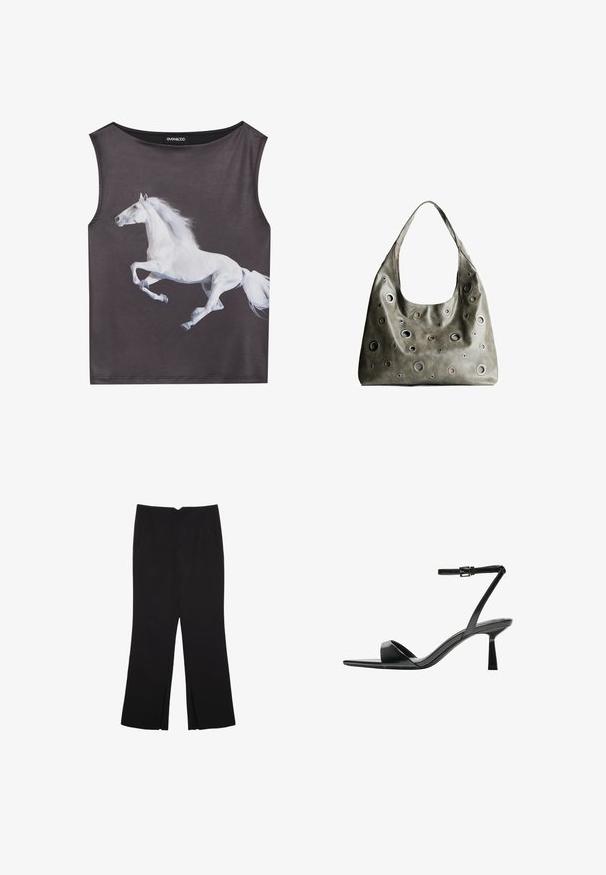 Ärmelloses Oberteil aus grauem Stoff mit einem weißen Motiv eines laufenden Pferdes. Rundhalsausschnitt mit glatter Textur und nahtlosen Kanten.; Schwarze Hose mit geradem Schnitt, ausgestattet mit Fronttaschen und Seitenschlitzen am Saum. Hergestellt aus weichem, glattem Stoff. Geeignet für verschiedene Anlässe.; Bershka High Heel Sandalette - black; Olivgrünes Lederhandtäschchen mit einem lässigen Design, das verschiedene runde Ausschnitte in unterschiedlichen Größen und Akzente in dunkleren und helleren Farbtönen aufweist.
