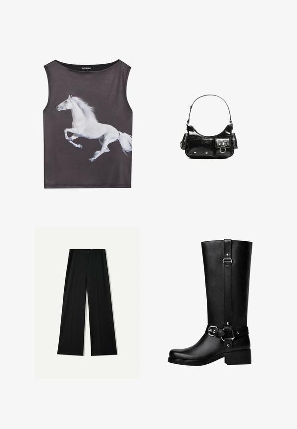 Mouwloze top van grijze stof met een witte afbeelding van een rennende hengst. Ronde halslijn met een gladde structuur en naadloze randen.; Bershka WIDE - Broek - black; Hoge zwarte neplederen laarzen met een ronde neus, accentriem met gespsleutel en een brede hak. Glad textuur en verticale naad op de schacht.; Zwarte laarzen in lakleer met een gebogen vorm, één schouderband, voorvakken en accenten in zilverkleurig metaal.