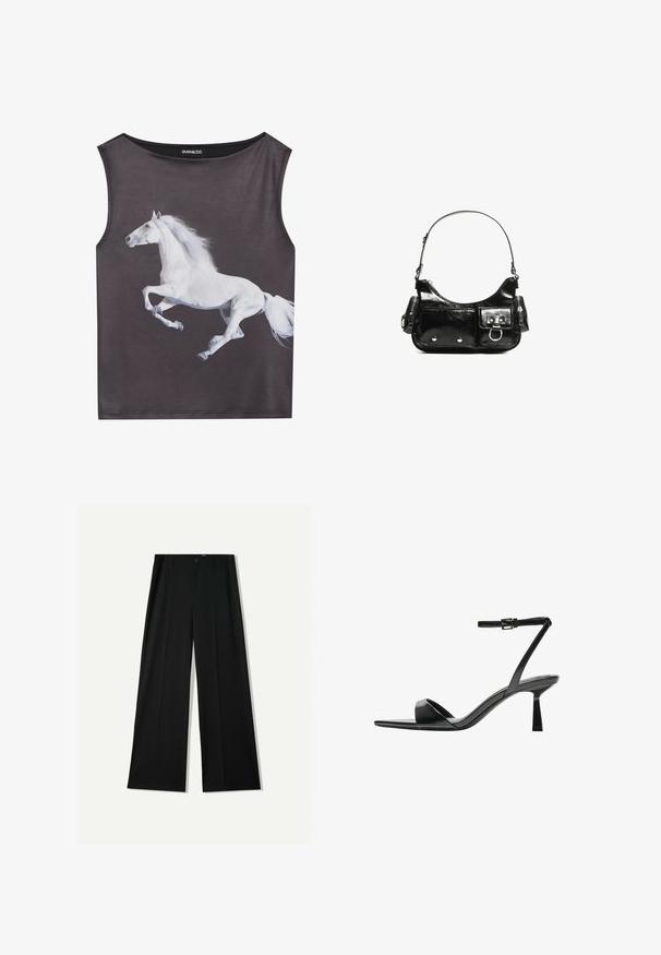 Ujjatlan felső szürkeanyagból, fehér, futó ló grafikával. Kerek nyakú, sima tapintású és varrás nélküli szélekkel.; Bershka WIDE - Nadrágok - black; Bershka Magas sarkú szandálok - black; Fekete lakkbőr kézitáska ívelt formával, egy vállpánttal, elülső zsebekkel és ezüstszínű fémrészletekkel.