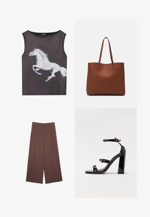 Top senza maniche in tessuto grigio con una grafica di un cavallo in corsa bianco. Collo rotondo con una trama liscia e bordi senza cuciture.; Pantaloni ampi marroni con una texture liscia, caratterizzati da una vita alta e pieghe frontali. Il tessuto è leggero e scorre liberamente.; Sandali con tacco in vernice nera, con punta squadrata, cinturini alla caviglia e fibbie in argento. Presentano un tacco a blocco spesso per maggiore stabilità.; Borsa tote in pelle marrone con texture liscia, design con apertura superiore e due spallacci. Presenta cuciture minime e nessun hardware visibile.