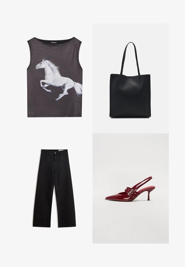 Sleeveless top in gray fabric featuring a white, running horse graphic. Round neckline with a smooth texture and seamless edges.; Black wide-leg denim pants with a high waist, featuring front and back pockets, stitched seams, and a button closure. Smooth texture.; Red patent leather slingback heels with a pointed toe, two buckle straps, and a slim, mid-height stiletto heel. Smooth texture.; Black leather tote bag with smooth texture, rectangular shape, and two long handles. No visible hardware or embellishments.