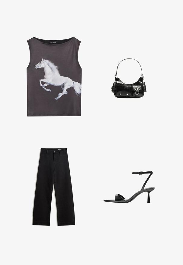 Ärmös topp i grått tyg med en vit grafik av en springande häst. Rund halsringning med en slät yta och sömlösa kanter.; Svarta vida denimbyxor med hög midja, med fram- och bakfickor, sydda sömmar och knappstängning. Slät textur.; Bershka Sandaletter - black; Svart lackläderhandväska med en rundad form, en axelrem, framfickor och detaljer i silverfärg.