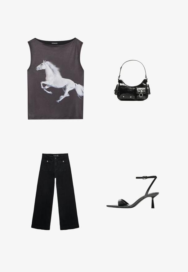 Majica bez rukavov iz sive tkanine z grafiko bežečega konja v beli barvi. Okrugli izrez z gladko teksturo in brezšivnimi robovi.; Črne široke kavbojke z visokim pasom, ki imajo dva sprednja žepa in kovinske gumbi. Tkanina ima gladko teksturo.; Bershka Sandali z visoko peto - black; Črna lakasta usnjena torbica s ukrivljeno obliko, enim ramenskim trakom, sprednjimi žepi in srebrnimi kovinskimi dodatki.