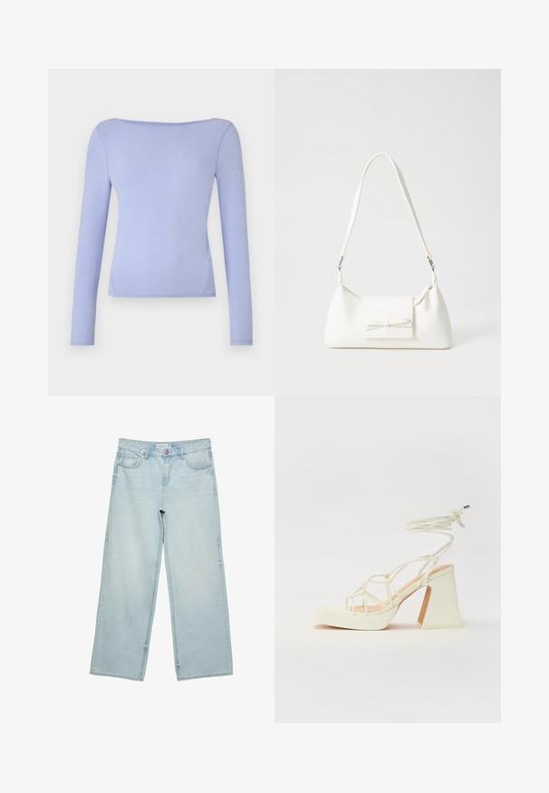Langärmliges Oberteil in helllila mit Bootsausschnitt, tailliertem Schnitt, glatter Textur und geradem Saum.; Helle blaue, weite Jeans aus Denim mit hoher Taille, fünf Taschen und subtilen Ausbleichungen. Gerader Schnitt mit gesäumten Kanten.; Weiße High-Heel-Sandale mit einem klobigen Absatz, die über ein Riemchendesign und ein Knöchelband verfügt. Glatte Textur mit einer Plattform vorne für zusätzliche Höhe.; Weiße synthetische Handtasche in dreieckiger Form, flache Vorderklappe und Schleifendetail, verstellbarer Trageriemen, glatte Textur und minimalistisches Design.