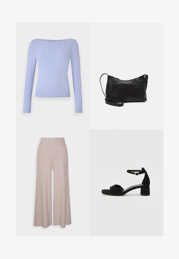 Cămașă lungă violet deschis, cu decolteu bărcii, design ajustat, textură netedă și margine dreaptă.; Pantaloni largi de culoare gri deschis, dintr-un material moale, cu textură în rilief, având un talie înaltă și picioare lungi, cu o textură subtilă.; Sandale cu toc din suede negru, cu o curea subțire la gleznă, design cu vârful deschis și un toc modest de tip bloc. Textură netedă și accente minime.; Geantă de umăr din piele neagră, cu o textură netedă, formă curbată, curea ajustabilă și închidere cu fermoar. Design minimalist, fără embellishments.