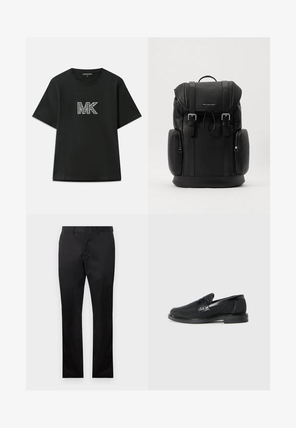 Mustapaita, jossa on lyhyet hihat ja geommetrinen "MK" -logo valkoisena ja harmaana. Pyöreä kaula-aukko ja rento istuvuus.; Mustat puuvillahousut suoran lahkeen muotoilulla, jossa on etunapit, sivutaskut, sileä pinta ja ei näkyviä kuvioita.; Musta kudottu liukupohjallinen kenka, jossa on sileä nahkakorostus päällisessä, pyöreä kärki ja matala kumipohja.; Mustat nahkareput, joissa on teksturoitu pinta, läppäkiinnitys, metalliosat, sivuvetoketjulliset taskut ja brändilogo edessä.