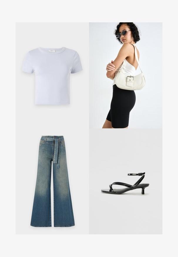 Lys blå t-skjorte med kort erme og rund hals, laget av mykt stoff; har en tettsittende design og subtile sømdetaljer.; Bredde ben jeans med en lyseblå til mørkeblå gradient, høyt liv, beltehemper og et matchende belte i samme stoff. Teksturert denimoverflate.; Sorte patentlær sandaler med lav hæl, der har krydset remme og en justerbar ankelrem. Glat, skinnende overflade.; Hvit lær håndveske med en buet form, justerbar stropp og en liten spenne-detalj. Modellen har på seg en tettsittende svart antrekk.