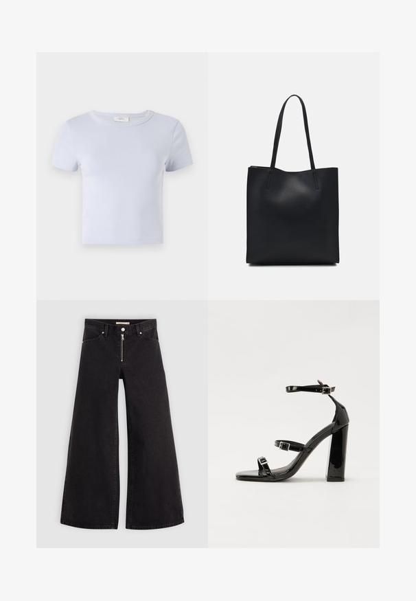 T-shirt azzurro chiaro a maniche corte con colletto rotondo, realizzato in tessuto morbido; presenta un design aderente e dettagli di cucitura sottili.; Jeans a gamba larga in denim nero con chiusura a zip, design a cinque tasche e dettagli di cucitura sottili. Texture morbida e stile casual.; Sandali con tacco in vernice nera, con punta squadrata, cinturini alla caviglia e fibbie in argento. Presentano un tacco a blocco spesso per maggiore stabilità.; Borsa tote in pelle nera con texture liscia, forma rettangolare e due manici lunghi. Nessun hardware o decorazione visibile.