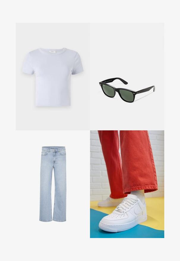 Šviesiai mėlyna trumpomis rankovėmis marškinėliai su apvalia iškirpte, pagaminti iš minkštos medžiagos; pasižymi prigludusia forma ir subtiliomis siuvimo detalėmis.; Šviesiai mėlynos plačios kojinės džinsai, pagaminti iš džinsinio audinio. Yra diržo kilpos, penkių kišenių dizainas ir siuvinėti akcentai siūlėse.; Baltos odinės kedų sportbačiai su perforuotu pirštu, tekstūruota pado dalimi ir baltais raišteliais, derinami su plačiomis raudonomis kelnėmis ir mėlynos bei geltonos spalvų fono kompozicija.; Juodi plastikiniai saulės akiniai su žaliais objektyvais, kvadratiniais rėmeliais, sidabriniu akcentu ant antakio ir tekstūruotais šventyklų šakutėmis. Vidinėje šakutėje nurodyta prekės ženklo pavadinimas.