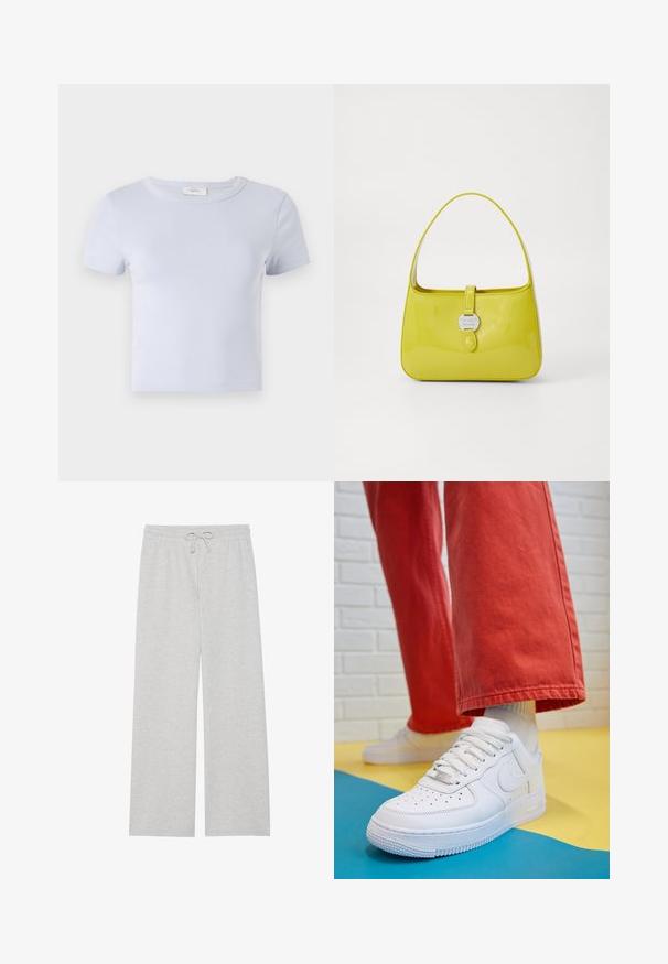 Jasnoniebieska koszulka z krótkim rękawem o okrągłym dekolcie, wykonana z miękkiego materiału; posiada dopasowany krój i subtelne detale w przeszyciach.; Jasnoszare dresy wykonane z miękkiej mieszanki bawełny, charakteryzujące się szerokimi nogawkami, elastycznym paskiem w talii z regulowanym sznurkiem i bez kieszeni.; Białe skórzane sneakersy z perforowanym czubkiem, teksturowaną podeszwą i białymi sznurowadłami, w połączeniu z szerokimi czerwonymi spodniami na niebiesko-żółtym tle.; Żółta torebka z lakierowanej skóry o strukturalnym kształcie, z rękojeścią u góry i zapięciem na zatrzask z okrągłym metalowym akcentem w postaci logo.