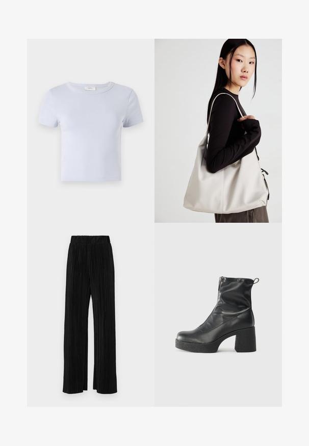 Light blue short-sleeve t-shirt with a round neck, made of soft fabric; features a fitted design and subtle stitching details.; Black pleated trousers with an elastic waistband. Features wide legs and a smooth, textured fabric with vertical stripes.; Black ankle boots made of smooth leather, featuring a side zipper, chunky textured heel, and rounded toe design.; Beige handbag made of soft material, featuring a slouchy design, stitched detailing, and two shoulder straps. Suitable for everyday use.