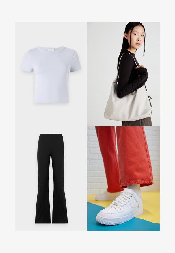 Világoskék, rövid ujjú póló, kerek nyakkal, puha anyagból készült; testhezálló fazon és finom varrási részletek jellemzik.; Fekete, bővülő nadrág rugalmas anyagból, sima textúrával, jól szabott fazonnal és hasított szegéllyel.; Fehér bőr edzőcipő perforált orral, texturált talppal és fehér fűzővel, széles vörös nadrággal párosítva, kék és sárga háttérrel.; Puha anyagból készült bézs kézitáska, laza dizájnnal, varrott részletekkel és két vállpánttal. Mindennapi használatra alkalmas.