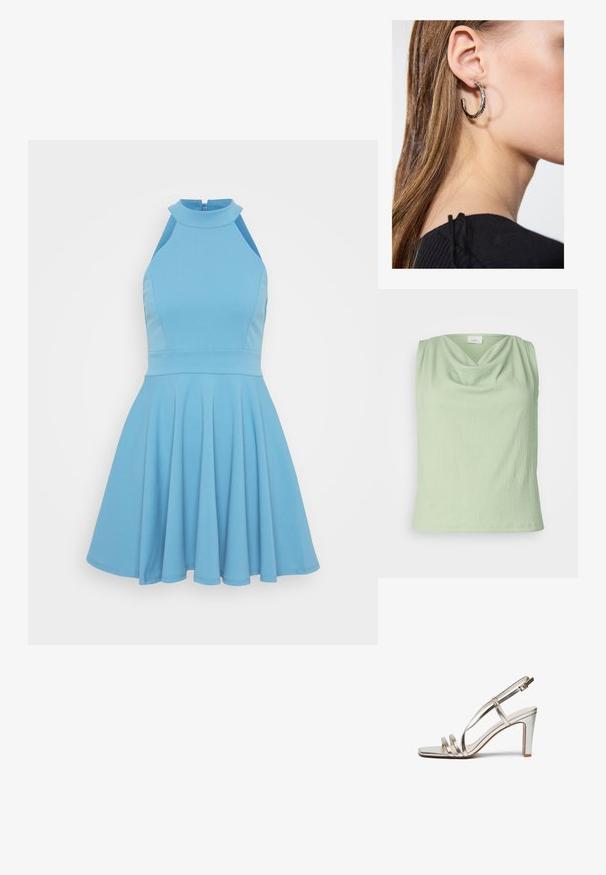 Light green sleeveless top with a cowl neckline, made of textured fabric. Features a fitted shape and smooth hem.; Light blue sleeveless dress with a high neckline, fitted bodice, and flared skirt. Made from smooth fabric with a pleated design.; Metallic silver high-heel sandal with an open toe, featuring three thin straps across the foot and an ankle strap with a buckle.; Gold metallic clutch bag with a smooth texture, featuring a triangular flap closure. The hand holding it has neatly manicured nails.; Silver hoop earring with a polished finish, featuring small gold accent details and a round shape, worn on the lobe.