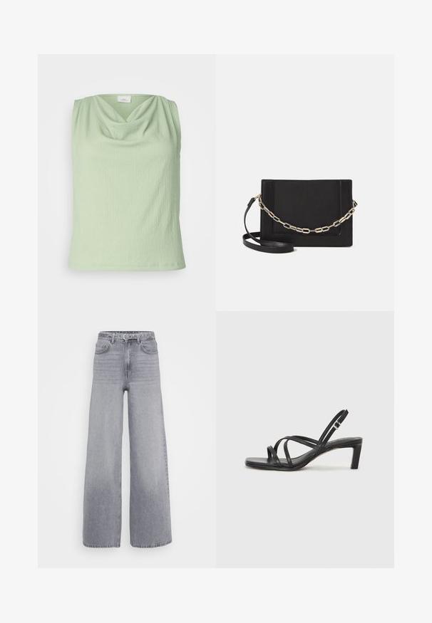Lys grøn ærmeløs top med en cowl-udskæring, lavet af tekstureret stof. Har en figursyet silhouette og en glat kant.; Bredde jeans i lysegrå denim, med høj talje, bæltestropper, for- og baglommer samt en rå kant med en subtil vertikal struktur.; Sort remsandale med firkantet tå og en lav blokeret hæl. Har flere tynde stropper og en justerbar ankelrem. Fremstillet af glat læder.; Sort læder crossbody taske med en glat tekstur, rektangulær form og en metallisk kæde detalje foran. Justerbar skulderrem inkluderet.; Sølvring med dobbeltbånd og en glat, poleret overflade. Den har et flydende, buet design med overlappende sektioner for et moderne udtryk.