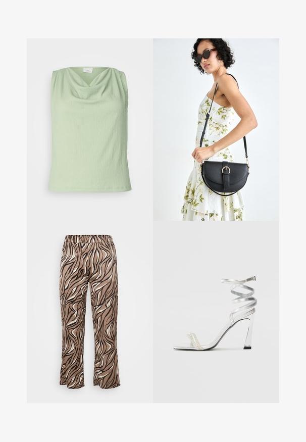 Lys grønn ermeløs topp med cowl-hals, laget av teksturert stoff. Har en tettsittende fasong og glatt nederkant.; Brune og kremfargede bukser med zebra-mønster, med strikk i livet, som har en vide benmodell og glatt tekstur.; Sølv høyhælte sandaler med et glitrende stroppdesign, som har en perle-lignende akcent og en spiralformet ankelstropp for sikker passform.; Svart lærveske med en buet form, avtagbar stropp og gullbeslag. Vesken har et klaff med spenne-detall.