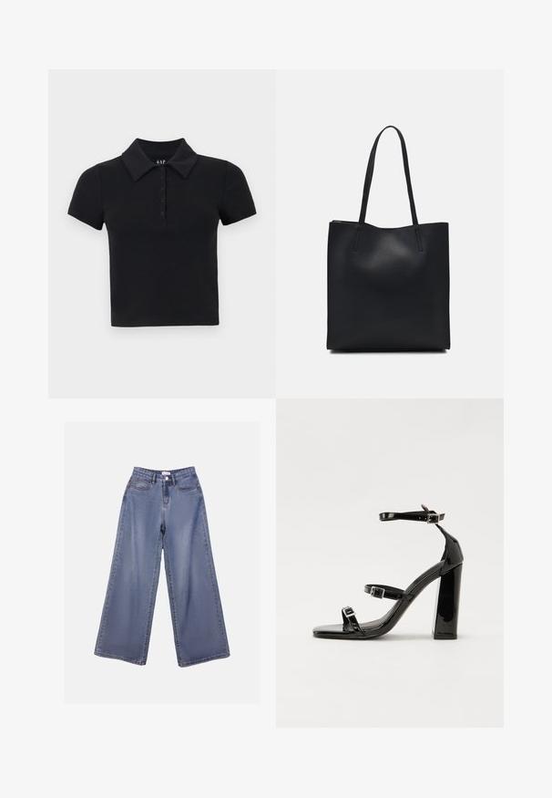 Mustat lyhythihaiset polo-paidat, joissa on kaulus, napitus edessä ja pehmeä, teksturoitu puuvillakangas. Brändilogo näkyy kauluksen sisäpuolella.; Vaaleansinisiä leveälahkeisia farkkuja, joissa on korkea vyötärö, etutaskut ja nappisuljenta vyölenkeillä.; Musta kiiltävä korkokenkä sandaalit neliönmuotoisella varpaalla, nilkkaremmillä ja hopeisilla soljilla. Varustettu tukevalla lohkokorkealla vakauden takaamiseksi.; Mustapahkainen kangaskassi, jossa on sileä pinta, suorakaiteen muotoinen ja kaksi pitkää kahvaa. Ei näkyvää metalliosaa tai koristeita.