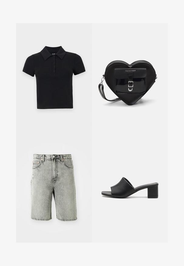 Čierna polo košeľa s krátkym rukávom a golierom, s gombíkovou légou a jemnou textúrovanou bavlnenou látkou. Logo značky je umiestnené vo vnútri goliera.; Šedé deninové šortky s klasickým dizajnom piatich vreciek, so slabým opotrebovaním a prešitím na leme a páse.; Čierne kožené podpätkové muly s otvorenou špičkou, ktoré majú hladký povrch a jemne zakrivenú vrchnú časť pre pohodlie a štýl.; Čierna taška v tvare srdca vyrobená z lakovanej kože má predné vrecko so zapínaním na pracku a odnímateľný popruh. Strieborné kovanie.
