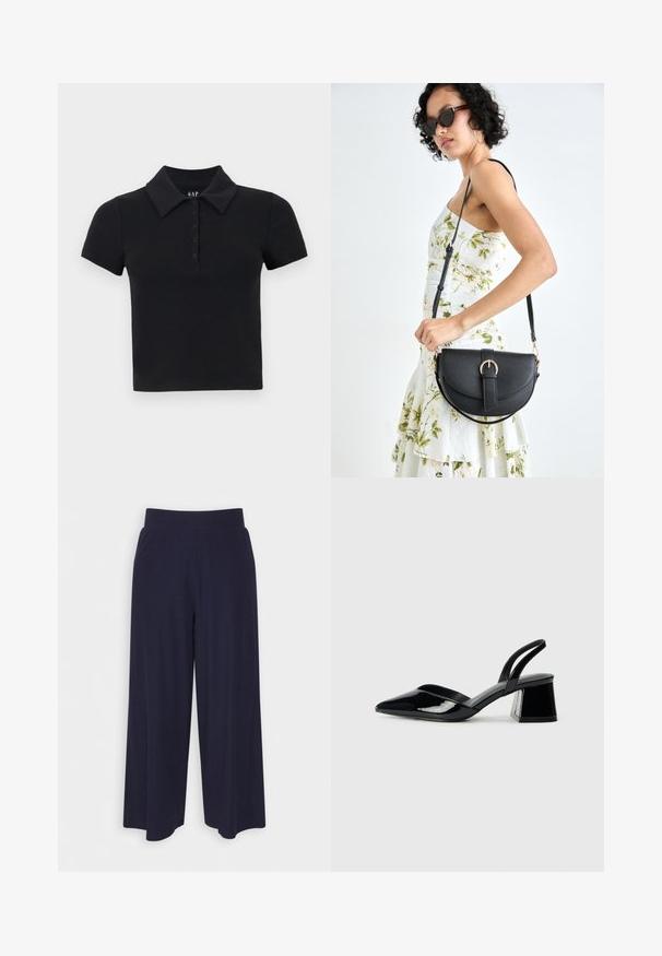 Polo shirt noir à manches courtes avec col, présentant une patte de boutonnage et un tissu en coton doux et texturé. Logo de la marque affiché à l'intérieur du col.; Pantalon large en tissu bleu marine foncé avec une texture côtelée. Il présente une taille lisse et une silhouette fluide, atteignant la longueur mi-mollet.; Escarpins en cuir verni noir avec bout pointu et talon bloc géométrique. Présente un design élégant et minimaliste ainsi qu'une texture lisse.; Sac à main en cuir noir avec une forme courbée, bandoulière amovible et des accessoires en or. Le sac est doté d'un rabat avec un détail de boucle.