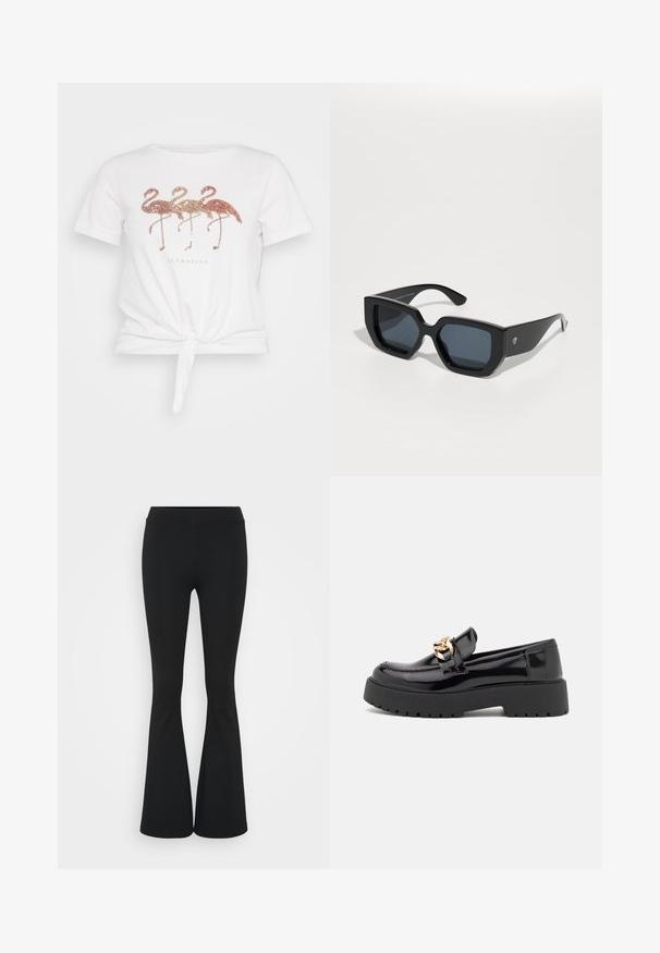 Valge lühikeste varrukatega T-särk, millel on talje ümber seotud sisselõige, mida kaunistavad kolm sädelevat flamingot ja allpool disaini tekst "Flamazing".; Mustad flared püksid venivast kangast, kõrge vöökoht ja sile tekstuur. Püksid laienevad põlve kohalt.; Mustad musta läikiva nahaga loaferid, millel on jäme must tald ja kuldsed detailid. Sujuv tekstuur ja ümar varvaste disain.; Mustad ümmargused prillid, millel on geomeetriline disain, ristküliku kuju läätsed ja läikiv viimistlus. Ees pole nähtavat brändingut.