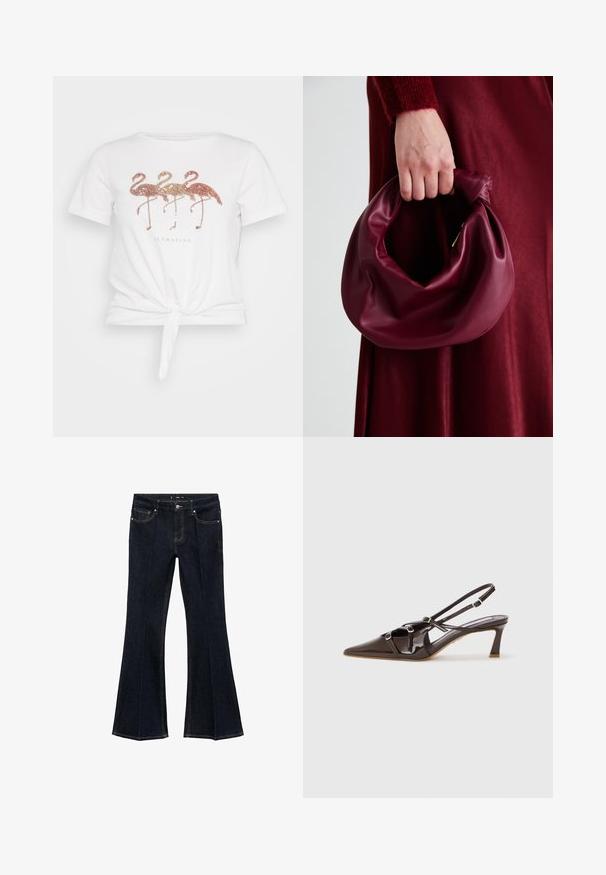 Weißes T-Shirt mit kurzen Ärmeln und einem Knoten in der Taille, das drei glitzernde Flamingos zeigt und den Text "Flamazing" unter dem Design hat.; Dunkelblaue Jeans mit hoher Taille, vorderen Taschen und weit ausgeschnittenen Beinen, flach auf einem weißen Hintergrund ausgestellt.; Braune Lacklederslingback mit spitzem Schuhspitzen, verstellbaren Riemen und dekorativen Schnallen an der Vorderseite. 3 Zoll Absatzhöhe.; Burgunderleder-Handtasche mit einem weichen, gerafften Design und einer gerundeten Form. Der Griff ist gesichert und zeigt eine glatte Textur.