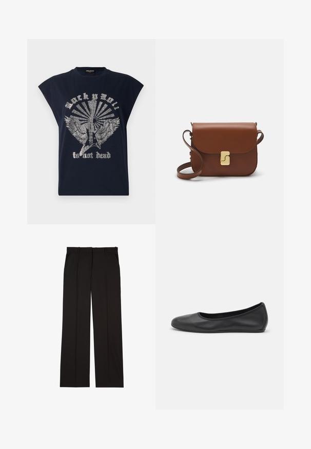 Navyblå bomulds t-shirt med bred skulderdesign. Foran har den et sølvfarvet grafisk motiv med vinger, elektrisk guitar og teksten "Rock n Roll er ikke død."; Sorte skræddersyede bukser lavet af et glat stof, med et lige ben-design og to sidelommer. Elegant og minimalistisk konstruktion.; Sort læderballetsko med rund tå, glat tekstur, minimal syning og et fleksibelt såldesign.; Brun læder håndtaske med flaplukning, hardware i gyldent tone, en skulderrem og en glat overflade. Kompakt rektangulær form.