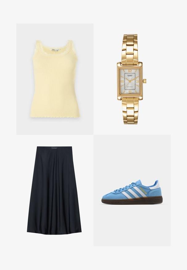 Ribbade, ärmlösa gula linne med spetsdetaljer i halsringningen och i nederkanten. Mjuk textur, figurnära design och lätta material.; Svart, knälång kjol i lättviktsmaterial med ett flowy design. Har en mjuk textur och subtila veck för extra detalj.; Ljusblå mockaskor med vita läderränder, en brun strukturerad sula och detaljer i guld. Lågdesign med rund tå.; Guldtonad rektangulär armbandsklocka med en vit urtavla, silvertonade timmarkörer och ett hållbart metallarmband. Vattentålig funktion ingår.