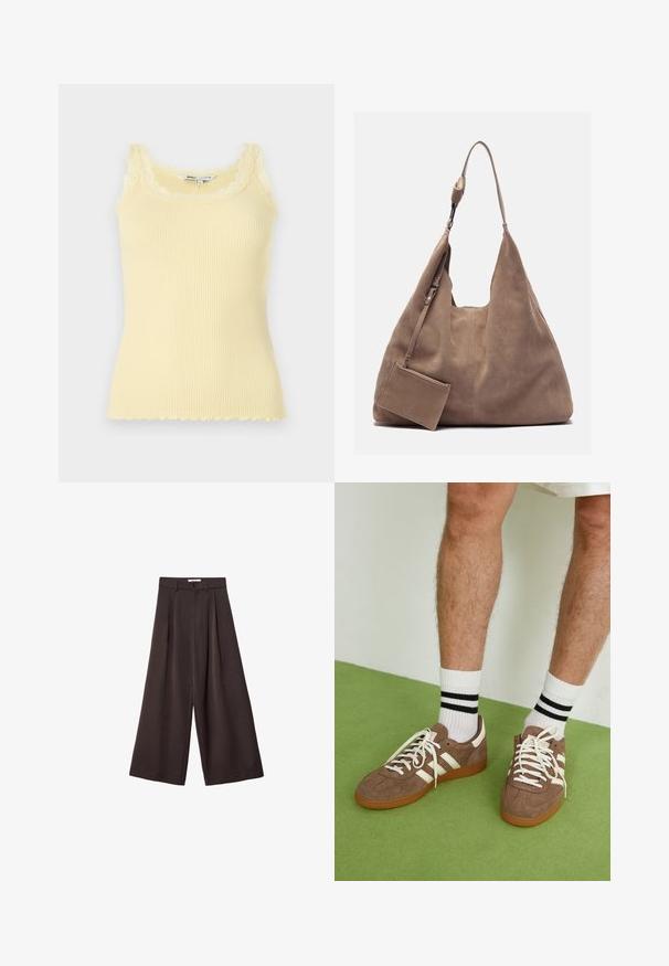Ribbed, sleeveless yellow tank top with a scalloped lace neckline and hem. Soft texture, fitted design, and lightweight material.; Black wide-leg trousers with a high waist, featuring front pleats and a button closure at the waist, made from smooth fabric.; Brown suede sneakers with white accents and laces. Rubber gum sole. Worn with white socks featuring black stripes. Green textured flooring.; Zign LEATHER - Tote bag - light brown