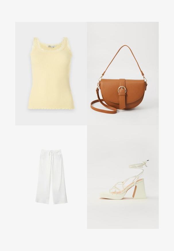 Ribbed, sleeveless yellow tank top with a scalloped lace neckline and hem. Soft texture, fitted design, and lightweight material.; White wide-leg pants made of soft fabric, featuring a drawstring waist and two front pockets. Smooth texture and no visible patterns.; White high-heeled sandal with a chunky heel, featuring a strappy design and ankle tie. Smooth texture with a platform front for added height.; Brown leather crossbody bag with a curved shape, gold hardware, and a buckle accent. Features a detachable shoulder strap.