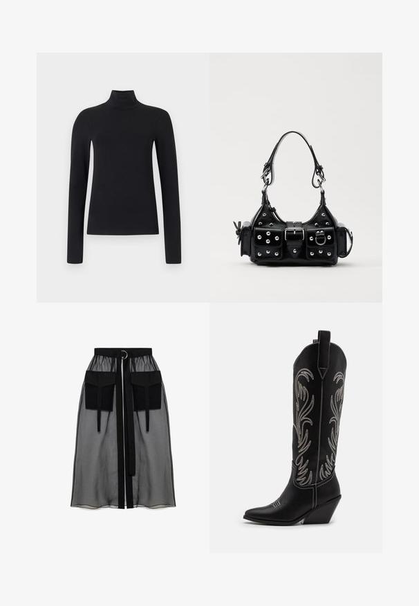 Black turtleneck top with long sleeves, made from soft fabric. Features a fitted silhouette and high neck design. No additional patterns or accents.; Black sheer skirt with a gathered waistband, featuring two large front pockets, a waist tie, and a circular metal accent.; Black leather cowboy boots with pointed toes, wedge heels, and silver embroidered floral patterns along the shaft. Contrast stitching throughout.; Black leather handbag with a curved design, featuring silver studs, a buckle, and two side pockets. Adjustable strap for carrying options.