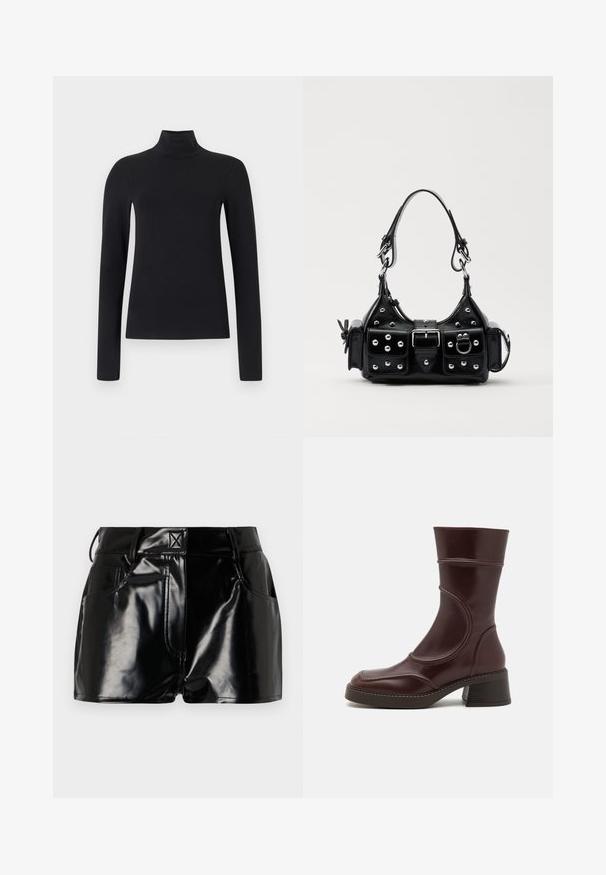 Top preto de gola alta com mangas longas, feito de tecido macio. Apresenta uma silhueta ajustada e um design de gola alta. Sem padrões ou detalhes adicionais.; Calções pretos e brilhantes feitos de material sintético. Apresentam uma cintura justa, passantes para cinto e bolsos frontais com detalhes de costura proeminentes.; MIISTA MALENE - Botas clássicas de cano curto - brown; Bolsa de couro preta com um design curvado, apresentando tachas prateadas, uma fivela e dois bolsos laterais. Alça ajustável para opções de transporte.