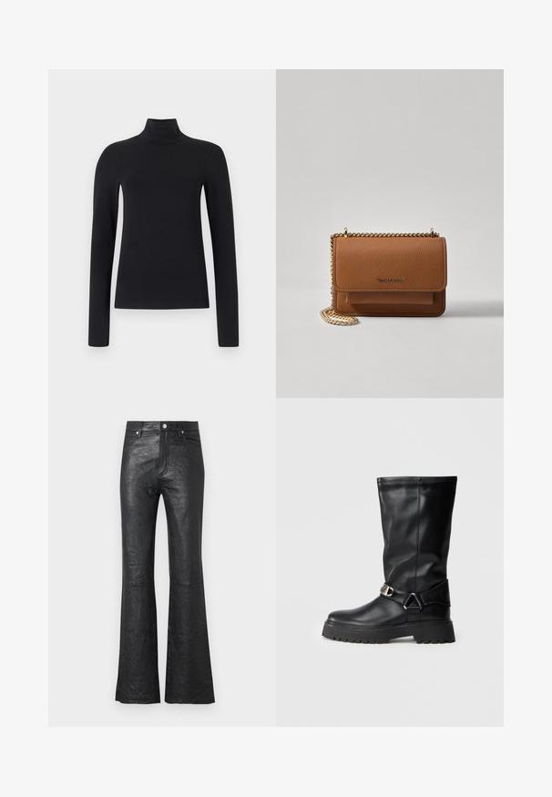 Black turtleneck top with long sleeves, made from soft fabric. Features a fitted silhouette and high neck design. No additional patterns or accents.; Black leather flared pants featuring a crinkled texture, high waist, front pockets, and a classic button closure with zip fly.; Black knee-high boots made of smooth leather, featuring a buckle accent on the side and a thick, textured sole for grip.; Brown textured leather crossbody bag with gold chain strap and flap closure. Front features logo detail and a pocket under the flap.