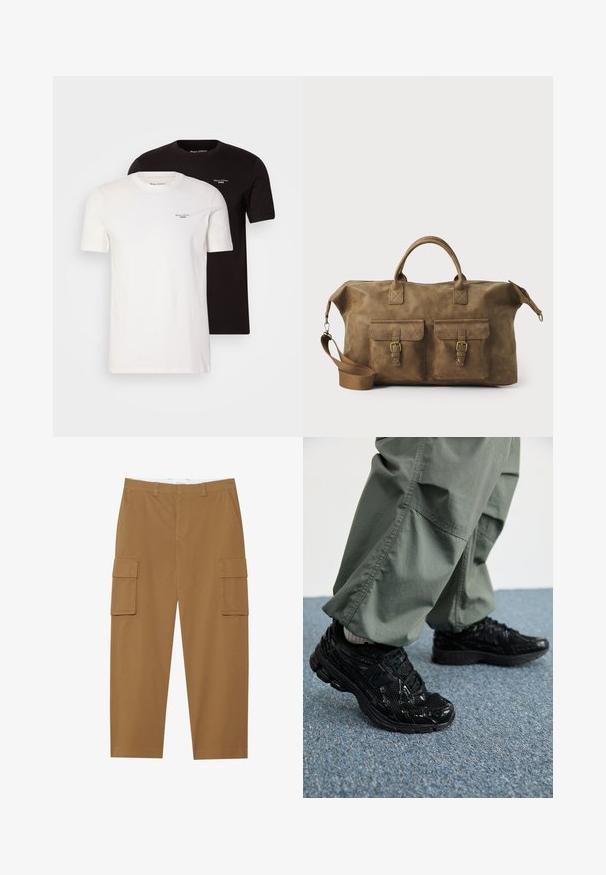 Dve majice s kratkimi rokavi v črni in beli barvi. Obe sta narejeni iz bombaža, imata okroglo ovratnik in majhen logotip na prsih.; Rjave cargo hlače z dvema stranskima žepoma, ravnim sprednjim delom in ravnim krojem. Narejene so iz trpežnega materiala z gladko teksturo.; Črne športne superge z sijajnimi in mrežastimi teksturami, ki imajo debel podplat in vezalke, v kombinaciji z ohlapnimi olivno zelenimi cargo hlačami.; Rjav usnjen potovalni kovček z dvema sprednjima žepoma, nastavljivim ramenskim trakom, zlatim okovjem in trdnimi zgornjimi ročaji. Gladka tekstura.