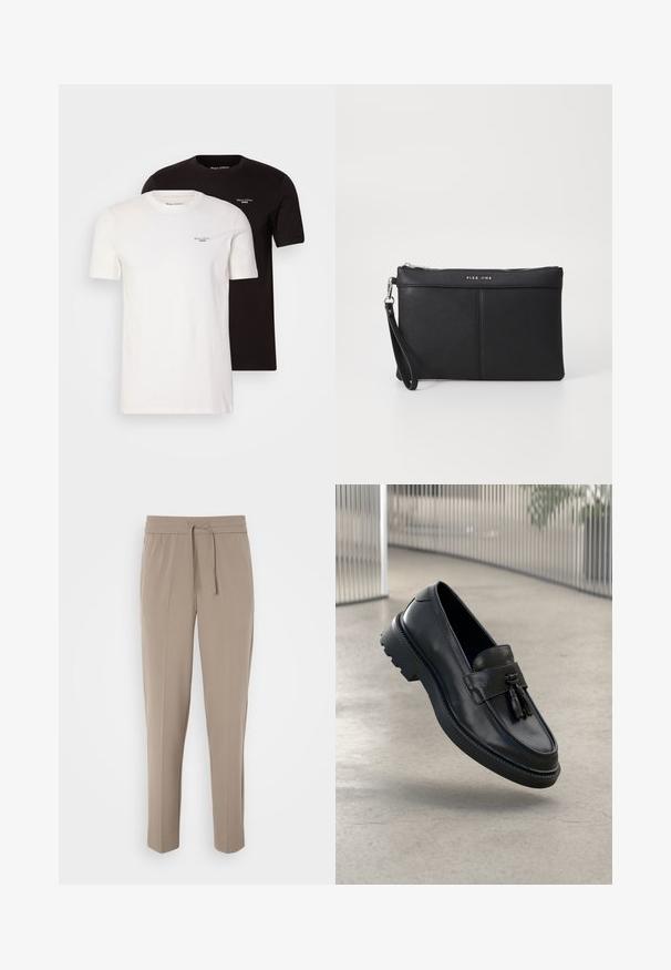 Divi īsām piedurknēm T-krekli melnā un baltā krāsā. Abi izgatavoti no kokvilnas, ar apaļu kakla izgriezumu un mazu logotipu krūšu daļā.; Gaiši pelēkas bikses ar elastīgu jostasvietu, regulējamu auklu un sašaurinātām kājām. Audums izskatās gluds ar vieglu spīdumu.; Melnas ādas loaferi ar gludu apdari, dekoratīvu bārkstīm, biezu gumijas zolīti un izšūtām detaļām. Viegls un elegants dizains.; Melna sintētiska rokassoma ar rāvējslēdzēja aizdari, roku siksnu un gludu tekstūru. Iezīmējas ar smalku šūšanu un logo iespiestu priekšpusē.