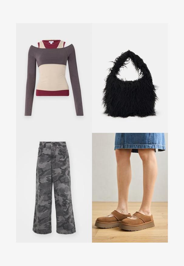 Long-sleeve top with layered design in beige, burgundy, and dark gray. Features off-shoulder cut and fitted silhouette. Smooth texture.; Wide-leg camouflage jeans in shades of gray, made of denim, featuring two side pockets and a high waist design. Textured fabric with a printed pattern.; Brown suede platform shoes with a rounded toe, cut-out details, and a sturdy sole, accompanied by a denim skirt in a wooden floor setting.; Even&Odd Tote bag - black