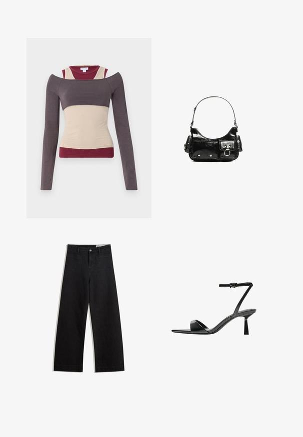 Dolgimi rokavi zaščitena vrhnja majica z večplastnim dizajnom v bež, burgundski in temno sivi barvi. Ima kroj brez naramnic in oprijet silhueto. Gladka tekstura.; Črne široke denim hlače z visokim pasom, ki imajo sprednje in zadnje žepe, šivane šive ter gumbasto zapiranje. Gladka tekstura.; Bershka Sandali z visoko peto - black; Črna lakasta usnjena torbica s ukrivljeno obliko, enim ramenskim trakom, sprednjimi žepi in srebrnimi kovinskimi dodatki.
