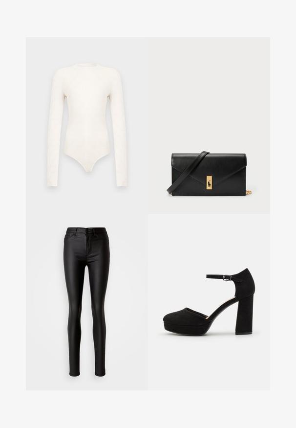 Long-sleeve bodysuit in off-white with a subtle geometric pattern, featuring a high neckline and a fitted silhouette, made from soft fabric.; Black one-shoulder top featuring a ruffled sheer overlay along the neckline, made from lightweight fabric with a smooth texture.; Black faux leather skinny jeans with a smooth texture, high waist, button closure, and traditional five-pocket design.; Black suede platform heels with a thick block heel, rounded toe, and ankle strap secured by a metal buckle. Smooth texture throughout.; Black leather wallet with a fold-over flap, gold hardware, featuring a logo accent. Includes a detachable strap for carrying.