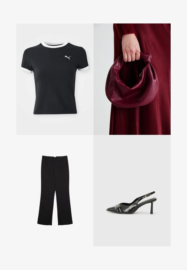 Czarna bawełniana koszulka z białym kołnierzykiem i akcentami na rękawach; posiada małe, białe logo Pumy po lewej stronie klatki piersiowej. Krótkie rękawy, dopasowany krój.; Czarne spodnie o prostym kroju, z przednimi kieszeniami i bocznymi rozcięciami na dole. Wykonane z miękkiego, gładkiego materiału. Odpowiednie na różne okazje.; Czarne lakierowane buty typu slingback z ostrym noskiem, paskami na kostkach z srebrnymi klamrami i elementami metalowymi oraz smukłym obcasem.; Bordowa skórzana torebka o miękkim, marszczonym wyglądzie i zaokrąglonym kształcie. Uchwyt jest zabezpieczony, co podkreśla gładką fakturę.