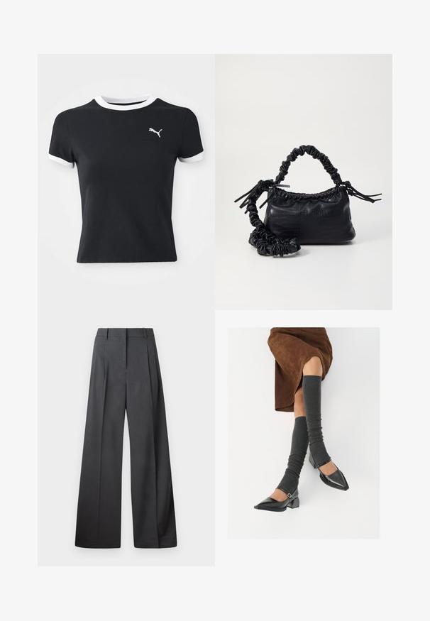 T-shirt de algodão preto com gola e detalhes nas mangas em branco; apresenta um pequeno logo branco da Puma no lado esquerdo do peito. Mangas curtas, design ajustado.; Calças de perna larga em tecido cinza escuro, apresentando uma cintura alta, pregas simples e uma textura suave com um acabamento limpo nas bainhas.; Sapatos pretos de pele lacada com biqueira pontuda, salto bloco e tiras no tornozelo, combinados com caneleiras cinzas em malha e uma saia de camurça castanha.; Bolsa de mão em couro sintético preto com textura de crocodilo, topo franzido e alça enrugada. Apresenta um design suave e compacto.