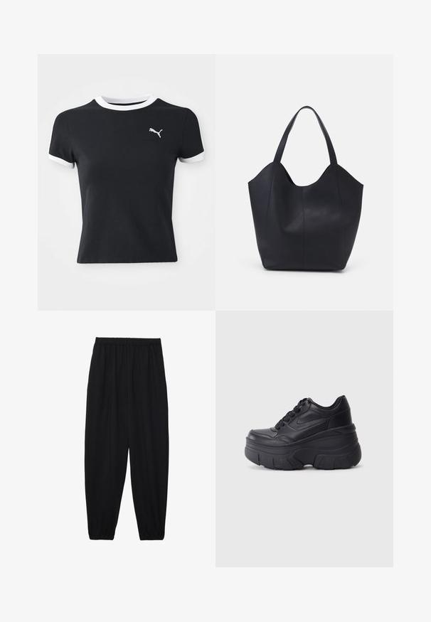 Fekete pamut póló fehér gallérral és ujjakkal; a bal mellen egy kis fehér Puma logó található. Rövid ujjú, testhez simuló fazon.; Fekete, könnyű nadrág elasztikus derékkal és ráncolt bokákkal. Az anyag sima és laza, szűkített dizájnnal rendelkezik.; Fekete fűzős sportcipők vastag talppal, sima bőrből készült felső résszel, kerek orral és jellegzetes, réteges platform dizájnnal.; Fekete tote táska sima bőrből, ívelt, nyitott tetővel és két vállpánttal, minimális dizájnnal.