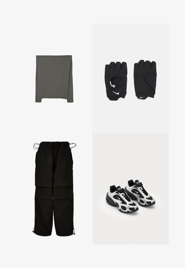 Sort-hvidstribet langærmet top, lavet af blødt stof, med båthalsudskæring og sideslids for nem bevægelsesfrihed.; Sorte bukser lavet af letvægtsstof, med justerbar talje og snoretræk i bunden. Designet med en løs, oversized pasform og flere lommer.; Sorte og sølv atletiske sko med en overdel i mesh og syntetisk materiale, der har et karakteristisk bølget design og polstret krave, samt luftdæmpning i sålen.; Sorte fingerless handsker lavet af strækbart materiale, med en åben håndflade, grebdetaljer og Nike-logoet i hvid.