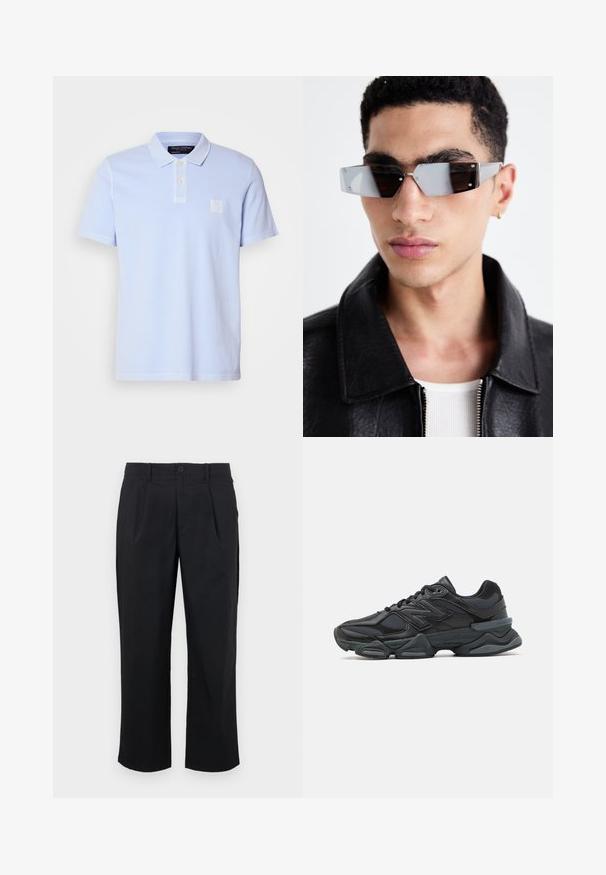 Svetlomodrá polo tričko s krátkym rukávom vyrobené z bavlny, s klasickým golierom, trojrozmerným zapínaním na gombíky a vyšitým logom na hrudi.; Čierne nohavice so priamym strihom, s prehybmi na prednej strane, s gombíkovým uzáverom a hladkou textúrou látky.; Čierna bežecká obuv so zmesou sieťoviny a syntetických materiálov, robustnou podrážkou, zakriveným dizajnom a výrazným logom na boku.; Uhly šedé slnečné okuliare s striebornými prvkami na svetlom pozadí. Šošovky majú jedinečný geometrický tvar.