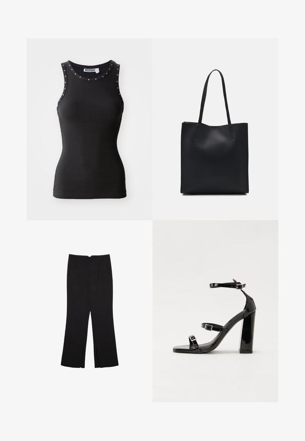 Černý žebrovaný tílko s cvoky podél výstřihu. Bezramenný design, přiléhavý silueta a vyrobeno z elastické tkaniny.; Černé kalhoty s rovným střihem, s předními kapsami a bočními rozparky na lemu. Vyrobené z jemné, hladké tkaniny. Vhodné na různé příležitosti.; Černé lakované sandály na podpatku se čtveratou špičkou, lýtkovými pásky a stříbrnými přezkami. Disponují masivním blokovým podpatkem pro stabilitu.; Černá kožená taška přes rameno s hladkým povrchem, obdélníkovým tvarem a dvěma dlouhými uchy. Žádné viditelné kování ani ozdoby.