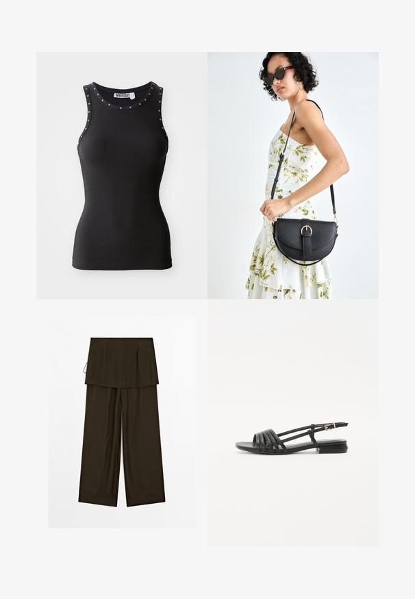 Czarny top bez rękawów z prążkowanej tkaniny, ozdobiony ćwiekami wzdłuż dekoltu. Dopasowany krój, wykonany z elastycznego materiału.; Spodnie o szerokich nogawkach w ciemnobrązowym materiale z warstwowym designem w talii. Gładka tekstura, czyste linie i luźny krój. Bez widocznych elementów metalowych.; Czarne płaskie sandały z ozdobnymi paskami, posiadające kilka skórzanych pasków i smukły zapiętek na kostce. Podeszwa jest płaska i prostokątna.; Czarna skórzana torebka o zakrzywionym kształcie, z odpinanym paskiem i złotymi akcentami. Torebka posiada klapę z zapięciem w kształcie klamry.