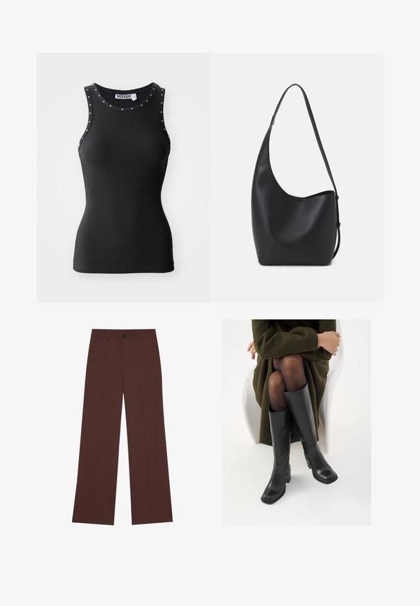 Top noir à rayures avec des accents cloutés le long de l'encolure. Design sans manches, silhouette ajustée et fabriqué dans un tissu extensible.; Pantalons larges en tissu brun riche. Équipés d'une fermeture à bouton, de deux poches avant, d'une texture lisse et de lignes épurées.; Bottes en cuir noires arrivant au genou, avec un bout carré et un talon carré, présentées sur un modèle assis dans un manteau vert olive. Texture lisse, détails minimaux.; Sac hobo en cuir noir avec une texture lisse, une forme incurvée et une seule sangle réglable ; dispose d'une large ouverture en haut.