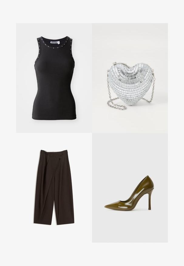 Čierny rebrovaný tielko s cvokmi pozdĺž výstrihu. Bezriepkový dizajn, priliehavý strih a vyrobené z elastického materiálu.; Tmavohnedé široké nohavice s vysokým pásom, s jedným gombíkom a záhybmi vpredu. Vyrobené z ľahkej textílie.; Olivovo zelené lakované lodičky s vysokým opätkom, so špicatou špičkou, hladkou textúrou a elegantným siluetom. 10 cm stiletto opätok.; Strieborná kabelka v tvare srdca vyrobená z dlaždíc s zrkadlovým efektom, s pántovým uzáverom a reťazovým popruhom. Hladký povrch s reflexným efektom.