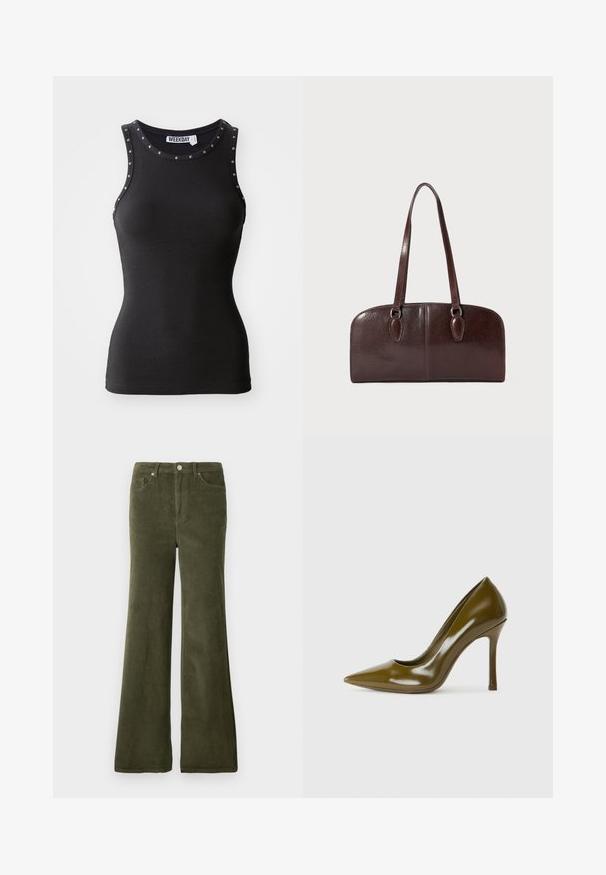 Schwarzes, geripptes Tanktop mit Nietenakzenten am Hals. Ärmelloses Design, figurbetonte Silhouette und aus einem dehnbaren Stoff gefertigt.; Olivgrüne Cord-Hose im Glockenschnitt mit glatter Textur, Fronttaschen und einem Metallknopfverschluss an der Taille.; Olivenfarbene Patentleder-Pumps mit hohen Absätzen, spitzer Zehenpartie, glatter Textur und schlanker Silhouette. 10 cm Stilettoabsatz.; Braune Ledertasche mit zwei langen Tragegriffen, einer strukturierten rechteckigen Form, glatter Textur und abgerundeten Kanten. Besitzt Akzentdetails an den Griffen.