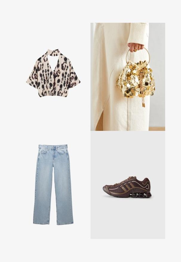 Beige verkürzte Bluse mit schwarz-braunem abstraktem Tiermuster, weiten Ärmeln, einem V-Ausschnitt und einem passenden Choker-Kragen.; Helleblaue Denim-Jeans mit weit geschnittenem Design, ausgestattet mit einem Knopf- und Reißverschluss, fünf Taschen und minimalen Nähten.; Brauner Sportschuh mit Mesh- und Synthetik-Obermaterial, mit drei Streifen, detaillierter Steppnaht, dämpfender Sohle und charakteristischem federndem Absatz.; Goldfarbene Drawstring-Handtasche mit einem runden Griff, verziert mit glänzenden runden Pailletten und einem strukturierten Stoff. Abmessungen sind nicht angegeben.