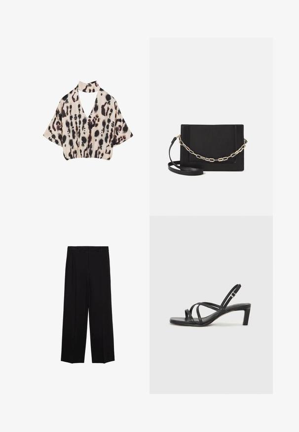 Beige cropped blouse met zwart en bruin abstract dierenprint, brede mouwen, een V-hals en een bijpassende choker kraag.; Zwarte wijde broek van een gladde stof, met plooien aan de voorkant en zijzakken, ontworpen met een rechte, relaxte snit.; Zwarte sandaal met bandjes, vierkante teen en een lage blokhak. Voorzien van meerdere dunne bandjes en een verstelbare enkelband. Gemaakt van zacht leer.; Zwarte leren schoudertas met een gladde textuur, rechthoekige vorm en een metallic kettingdetail aan de voorkant. Verstelbare schouderband inbegrepen.